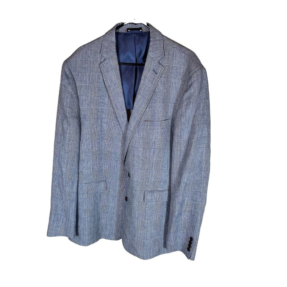 Ralph Lauren Mens 48L Houndstooth Navy Linen Blazer Sport Coat White